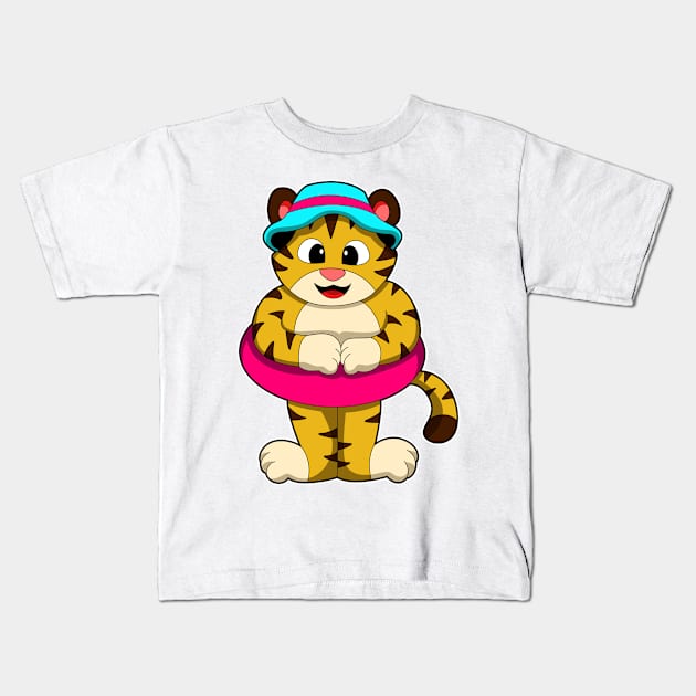 Tiger at Swimming with Swim ring & Hat Kids T-Shirt by Markus Schnabel